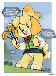  2023 animal_crossing anthro black_nose blonde_hair bottomless bottomwear bunnie_(animal_crossing) canid canine canis clothed clothing crotch_tuft dialogue digital_media_(artwork) domestic_dog english_text featureless_crotch female flower fur hair hi_res humor isabelle_(animal_crossing) lego lego_brick lego_minifigure looking_at_viewer mammal microskirt miniskirt nintendo no_underwear noctoc offscreen_character outside plant profanity shih_tzu skirt smile solo speech_bubble standing talking_to_another text topwear toy_dog tuft upskirt vest yellow_body yellow_fur 