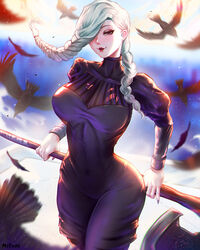  axe bird black_dress braid braided_bangs braided_ponytail breasts dress female hair_over_one_eye highres holding holding_axe jujutsu_kaisen lips long_hair long_sleeves looking_at_viewer mcdobo mei_mei_(jujutsu_kaisen) motion_blur red_eyes solo tight_clothes tight_dress turtleneck turtleneck_dress 