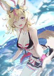  ;d animal_ear_fluff animal_ears bikini bikini_skirt black_skirt blonde_hair bracelet breasts club_hair_ornament diamond_hair_ornament dutch_angle facial_mark female fox_ears fox_girl fox_tail front-tie_bikini_top front-tie_top hair_ornament hairclip heart heart-shaped_pupils heart_hair_ornament highres hololive hololive_summer_2023_swimsuit jewelry layered_bikini looking_at_viewer medium_hair multicolored_hair ocean official_alternate_costume omaru_polka one_eye_closed open_mouth pink_bikini pink_hair purple_eyes reaching reaching_towards_viewer skirt smile solo spade_hair_ornament splashing streaked_hair striped_bikini striped_clothes swimsuit symbol-shaped_pupils tail thigh_strap virtual_youtuber water white_bikini yami_ara 