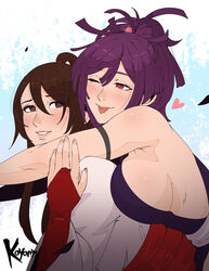  2girls arms_around_neck artist_name breast_press breasts bridal_gauntlets brown_eyes brown_hair hair_between_eyes high_ponytail highres hug hug_from_behind japanese_clothes jigokuraku kimono koyorin large_breasts long_hair multiple_girls one_eye_closed purple_hair red_bridal_gauntlets red_eyes red_sash sash short_hair tongue tongue_out white_sash yamada_asaemon_sagiri yuzuriha_(jigokuraku) 