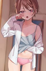  ass_visible_through_thighs blue_shirt blurry blurry_background bow bow_panties breasts brown_hair camisole chigusa_minori clothes_lift collarbone commentary_request cowboy_shot depth_of_field doorway dress_shirt dutch_angle female half-closed_eyes hand_under_clothes hand_under_shirt highres indoors kokoro_iroduku_koi_ga_shitai lace lace-trimmed_panties lace_trim lifting_own_clothes long_sleeves looking_at_viewer mole mole_on_collarbone momose_hikari_(kokoro_iroduku_koi_ga_shitai) motion_lines navel no_pants off_shoulder open_clothes open_mouth open_shirt panties pink_panties purple_eyes shirt shirt_lift short_hair sleepy small_breasts solo standing tears underwear white_shirt wiping_tears 