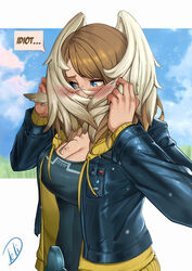  absurdres artist_name belt black_bodysuit black_jacket blue_eyes blue_sky blush bodysuit breast_tattoo breasts brown_hair cloud commentary deliciousbrain eunie_(xenoblade) feathered_wings female head_wings highres jacket long_hair long_sleeves medium_breasts open_clothes open_jacket raised_eyebrows sky solo tattoo white_wings wings xenoblade_chronicles_(series) xenoblade_chronicles_3 