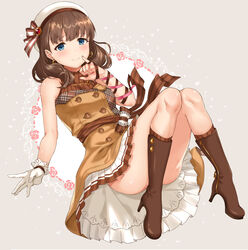  absurdres arm_ribbon blue_eyes blush boots bow breasts brown_bow brown_footwear brown_hair brown_jacket brown_ribbon brown_socks brown_trim closed_mouth convenient_censoring dot_nose dress_bow female floral_background gloves hand_up hat heart heart_necklace highres idolmaster idolmaster_cinderella_girls idolmaster_cinderella_girls_starlight_stage jacket jewelry knee_boots knees_together_feet_apart knees_up looking_at_viewer lying medium_breasts nail_polish necklace on_back pink_nails pink_ribbon pinky_out plaid plaid_jacket pleated_skirt ribbon sakuma_mayu short_hair shy single_glove sirurabbit skirt sleeveless sleeveless_jacket smile socks solo striped striped_bow white_background white_gloves white_hat white_skirt 