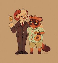  2020 animal_crossing anthro bag bottomwear bovid bovid_horn brown_body brown_fur brown_theme businesswear button_(fastener) canid canine caprine caprine_horn closed_eyes clothed clothing coin crossover duo feet footwear fur hand_on_shoulder hi_res holding_bag horn jacket male mammal markings necktie nintendo open_mouth open_smile pants paws raccoon_dog ram_horn rammie_(jschlatt) riftskeen schlattcoin sheep shirt shoes shorts simple_background smile smplive suit tail tan_background tanuki tom_nook_(animal_crossing) topwear white_body white_fur 