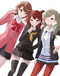  3girls ascot badge black_skirt black_thighhighs blonde_hair blue_eyes bow bowtie brown_eyes brown_hair cardigan choker collared_shirt commentary eyelashes gekkoukan_high_school_uniform highres hood hoodie in-franchise_crossover konchi_(63438789) kujikawa_rise long_sleeves looking_at_viewer loose_bowtie miniskirt multiple_girls pantyhose persona persona_3 persona_4 persona_5 pink_cardigan pleated_skirt red_bow red_bowtie red_pantyhose ribbed_cardigan sailor_collar school_uniform shirt short_hair shuujin_academy_school_uniform skirt smile takamaki_anne thighhighs trait_connection twintails white_choker white_shirt yasogami_school_uniform yellow_ascot yukari_takeba 