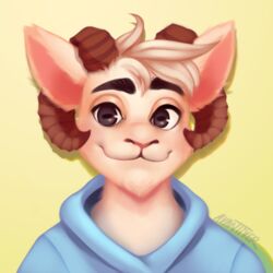  2021 2_horns :3 anthro avantiver blue_clothing blue_sweater blue_topwear bovid bovid_horn brown_eyes caprine caprine_horn clothing curled_horn digital_media_(artwork) digital_painting_(artwork) eyebrows fur head_tuft horizontal_pupils horn icon male mammal pupils ram_horn rammie_(jschlatt) shaded sheep signature simple_background solo sweater topwear tuft white_body white_fur yellow_background 