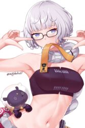  armpits baphomet_(fate) bare_shoulders blue_eyes breasts detached_collar double_v fate/grand_order fate_(series) female glasses grey_hair grey_pants highres jacques_de_molay_(foreigner)_(fate) lamb large_breasts looking_at_viewer motokebo17 mouth_hold navel pants sheep short_hair smile strapless tube_top v 