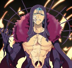  1boy abs arrancar bare_pectorals black_cape black_gloves bleach blecc0na blue_eyes blue_hair broken_mask cape clenched_teeth cosplay cu_chulainn_(fate) cu_chulainn_alter_(fate) cu_chulainn_alter_(fate)_(cosplay) earrings facial_mark fate/grand_order fate_(series) fur-trimmed_cape fur_trim gloves grimmjow_jaegerjaquez hand_up hole_in_stomach hole_on_body hood jewelry looking_at_viewer male_focus mask pectorals scar scar_on_chest solo spikes teeth upper_body 