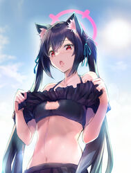  animal_ear_fluff animal_ears bikini black_bikini black_hair blue_archive blue_ribbon blue_sky breasts cat_cutout cat_ears cleavage cleavage_cutout clothing_cutout commentary_request female frilled_bikini frills hair_ribbon halo highres kashi lifting_own_clothes long_hair looking_at_viewer navel official_alternate_costume outdoors red_eyes ribbon serika_(blue_archive) serika_(swimsuit)_(blue_archive) sky small_breasts solo sun swimsuit twintails 