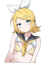  aqua_eyes blonde_hair blue_eyes blush bra closed_mouth clothes_lift female hair_ornament hair_ribbon hairclip highres kagamine_rin looking_at_viewer neckerchief rakugaki_ningen ribbon shirt shirt_lift short_hair simple_background sleeveless sleeveless_shirt solo striped_bra striped_clothes sweat two-tone_bra underwear upper_body vocaloid white_background white_bra yellow_bra yellow_neckerchief 