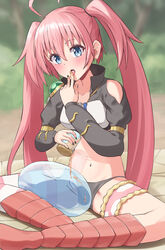  1other absurdres ahoge armor armored_boots ars_rg0412 black_nails black_panties black_shirt blue_eyes blush boots breastplate breasts check_clothing clothing_cutout collarbone commentary_request crop_top crossed_legs cup eating female foot_out_of_frame hair_between_eyes highres holding holding_cup honey knee_boots licking licking_finger long_hair long_sleeves looking_at_viewer milim_nava navel open_mouth outdoors panties pink_hair pink_thighhighs red_footwear rimuru_tempest_(slime) shirt shoulder_cutout sidelocks single_thighhigh sitting small_breasts solo_focus spilling stomach striped_clothes striped_thighhighs tensei_shitara_slime_datta_ken thigh_strap thighhighs twintails underwear white_thighhighs 