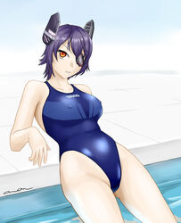  anon. arena_(company) blue_one-piece_swimsuit breasts clothes_writing commentary_request commission competition_swimsuit covered_nipples cowboy_shot eyepatch female headgear kantai_collection large_breasts one-piece_swimsuit orange_eyes poolside purple_hair skeb_commission solo swimsuit tenryuu_(kancolle) two-tone_swimsuit water 