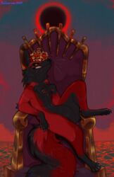  absurd_res ambiguous_gender anthro berserk_(series) black_body black_fur blood_moon canid canine chair crown danger_n00dle dark_souls demon demon_king eclipse evil_face evil_grin evil_look fromsoftware fur furniture hakkerman headgear hi_res hybrid king lava mammal n00dle on_chair paws red_body red_fur royalty sitting sitting_on_chair smile solo throne yellow_eyes 