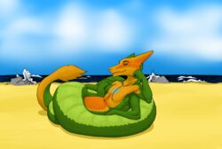  anthro beach gemini_the_sergal hi_res looking_at_viewer looking_pleasured lying male on_tail sand sea seaside smile solo tail water 