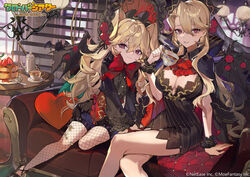  2girls ascot bat_(animal) bat_wings black_dress black_footwear black_shirt blonde_hair blueberry bow bowtie breasts catalina_(clover_theater) clover_theater commentary_request cup dress fishnet_pantyhose fishnets flower food fruit hair_between_eyes large_breasts lolita_fashion long_hair long_sleeves looking_at_viewer maple_syrup minodora_(clover_theater) multiple_girls official_art pancake pancake_stack pantyhose puffy_shorts red_ascot red_bow red_bowtie red_eyes red_flower red_rose rose saucer shirt shorts smile souffle_pancake strawberry tea teacup teapot u_tnmn vampire very_long_hair whipped_cream wings 