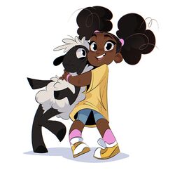  afro_puffs amanda_(amanda_the_adventurer) amanda_the_adventurer anthro black_body black_eyes bottomwear bovid caprine clothed_female clothing dark_hair duo female floppy_ears footwear fur hair hi_res hooved_hands hooves hug hugging_another human long_shirt looking_at_another looking_at_viewer male male/female mammal nervous puffy_hair sheep shirt shoes shorts simple_background smile topwear unknown_artist white_background white_body white_fur white_hair white_wool wool_(fur) wooly_(amanda_the_adventurer) wristband 