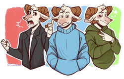  2020 anthro anthrofied bovid bovid_horn brown_eyes caprine caprine_horn clothed clothing draw_this_in_your_style emanata facial_hair fur gesture group hand_gesture hand_in_pocket head_tuft hoodie horn jacket male mammal outline pockets pointing ram_horn rammie_(jschlatt) redraw sheep shoebaluu square_crossover sweater topwear trio tuft white_body white_fur white_outline 