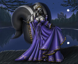  absurd_res anthro castle clothing collar crown dominatrix dress enchanted fairy_tales female flower forest headgear hi_res lake light mammal mephitid moon moonlight ndrnight night plant purple_clothing purple_dress rose_(flower) skunk solo tree twillight_(twillightskunk) 