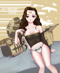  abaddon_(eve_online) amarr_empire_(eve_online) apocalypse_(eve_online) armageddon_(eve_online) ass_visible_through_thighs attack_ship_(eve_online) avatar_(eve_online) bare_shoulders battlecruiser_(eve_online) battleship_(eve_online) breasts brown_eyes brown_hair capital_ship_(eve_online) character_name cleavage closed_mouth combat_ship_(eve_online) commentary copyright_name cruiser_(eve_online) detached_sleeves dreadnought_(warhammer_40k) droneboat_(eve_online) emblem eve_online feet_out_of_frame female hand_up highres long_hair long_sleeves looking_at_viewer medium_breasts mekito1 military_vehicle no_pants omen_(eve_online) on_bed oracle_(eve_online) panties prophecy_(eve_online) revelation_(eve_online) sarum_jamyl_i_(eve_online) sitting solo spacecraft strapless super_capital_ship_(eve_online) thigh_gap titan_(eve_online) tube_top underwear white_panties 