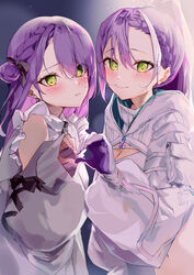  2girls absurdres bandeau black_skirt blush braid breasts cardigan clone colored_inner_hair commentary_request demon_tail ear_piercing gloves green_eyes grey_cardigan hair_bun hair_ornament hairclip hat highres hololive hooded_shrug jirai_kei long_hair long_sleeves looking_at_viewer multicolored_hair multiple_girls navel navel_piercing noon_0079 official_alternate_costume partial_commentary piercing pink_hair ponytail purple_hair ribbed_bandeau see-through see-through_sleeves shirt shorts single_braid skirt solo strapless streaked_hair suspender_skirt suspenders tail tail_ornament tail_piercing tokoyami_towa tokoyami_towa_(5th_costume) tokoyami_towa_(jirai_kei) tube_top two-sided_gloves virtual_youtuber white_bandeau white_gloves white_shirt white_shorts white_shrug white_tube_top 