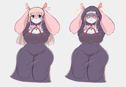  0_0 :&lt; animal_ears animal_nose arai_mei black_dress blank_eyes blue_eyes blush blush_stickers body_fur breasts brown_hair closed_mouth commentary_request covered_groin cropped_legs dress ears_through_hood embarrassed female flying_sweatdrops grey_background hands_up highres hooded_dress huge_breasts long_dress long_hair looking_at_viewer multiple_views neck_ribbon nervous nose_blush nun original own_hands_together pink_fur pointy_ears rabbit_ears rabbit_girl red_ribbon ribbon shaded_face shy sidelocks simple_background sparkle standing thick_thighs thighs two-tone_fur white_eyes white_fur wide_hips 