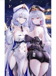  absurdres age_fx argyle_clothes argyle_legwear ass azur_lane black_dress black_hat black_thighhighs blue_eyes breasts buttons cleavage coat commentary_request confetti covered_navel day detached_collar dress emden_(azur_lane) emden_(duet_of_guiding_stars)_(azur_lane) female hair_behind_ear hat highres large_breasts long_hair looking_at_viewer looking_back multiple_persona necktie off_shoulder official_alternate_costume outdoors parted_lips pillarboxed red_eyes short_necktie smile strapless strapless_dress thighhighs very_long_hair white_coat white_dress white_hair white_hat 