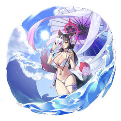  absurdres animal_ears bikini black_hair blue_archive breasts cleavage female flower fox_ears fox_mask fox_tail hair_flower hair_ornament halo highres holding holding_umbrella jyon_(xrmn8737) large_breasts long_hair looking_at_viewer mask navel pink_flower purple_bikini red_halo smile solo swimsuit tail umbrella wakamo_(blue_archive) wakamo_(swimsuit)_(blue_archive) yellow_eyes 