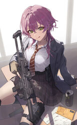  absurdres acog assault_rifle can cellphone drink_can earrings female fingerless_gloves gloves green_eyes gun highres jewelry little_armory looking_at_viewer necktie phone pleated_skirt purple_hair rifle school_uniform scope shimamamauma short_hair skirt smartphone solo stud_earrings suppressor table trigger_discipline weapon weapon_request 