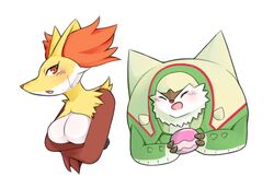  2girls ^_^ animal_ear_fluff animal_ears animal_nose arai_mei blush body_fur breasts chesnaught closed_eyes commentary_request crossed_arms delphox food fox_ears furry furry_female hands_up holding holding_food looking_at_viewer medium_breasts multicolored_fur multiple_girls open_mouth poke_puff pokemon pokemon_(creature) red_eyes red_fur simple_background snout sweat upper_body white_background white_fur yellow_fur 