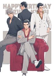  black_shirt black_suit character_name crossed_arms crossed_legs facial_hair glasses goatee grey_hair grey_suit hair_slicked_back hand_on_own_hip happy_birthday haruko_(chikadoh) kiryu_kazuma looking_at_viewer multiple_persona open_collar red_shirt ryuu_ga_gotoku_(series) ryuu_ga_gotoku_0 ryuu_ga_gotoku_7_gaiden ryuu_ga_gotoku_8 shirt sitting smile suit thick_eyebrows white_footwear white_suit 