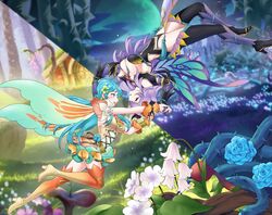  2girls aqua_hair boots butterfly_wings camilla_(fire_emblem) camilla_(resplendent)_(fire_emblem) eirika_(fire_emblem) eirika_(resplendent)_(fire_emblem) fake_horns fire_emblem fire_emblem:_the_sacred_stones fire_emblem_fates fire_emblem_heroes flower gloves hair_flower hair_ornament hand_on_another&#039;s_head head_back high_heel_boots high_heels highres holding_hands horned_headwear horns house igni_tion insect_wings long_hair moon multiple_girls official_alternate_costume purple_gloves purple_hair split_theme thigh_boots thighhighs wavy_hair wings 