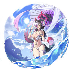  absurdres animal_ears bikini black_hair blue_archive breasts cleavage female flower fox_ears fox_mask fox_tail hair_flower hair_ornament halo highres holding holding_umbrella jyon_(xrmn8737) large_breasts long_hair looking_at_viewer mask navel pink_flower purple_bikini red_halo smile solo swimsuit tail umbrella wakamo_(blue_archive) wakamo_(swimsuit)_(blue_archive) yellow_eyes 