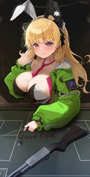  absurdres adapted_costume aki_rosenthal aki_rosenthal_(gaming_casual) animal_ears black_ribbon blonde_hair blue_eyes breasts buckshot_roulette character_name cigarette english_text fake_animal_ears female green_jacket green_nails gun hair_ribbon highres hololive jacket large_breasts leotard long_hair necktie open_clothes open_jacket pink_nails playboy_bunny rabbit_ears red_necktie ribbon shotgun shotgun_shell smile smoking strapless strapless_leotard tasty_(dudwofla) twitter_username virtual_youtuber weapon 