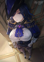  ascot blue_hair breasts cameltoe clorinde_(genshin_impact) clothes_lift corset female foreshortening from_above frozen_spider_lily genshin_impact gloves hat highres jewelry large_breasts long_hair looking_at_viewer looking_up pantyhose perspective purple_eyes shirt skirt skirt_lift solo standing tricorne white_gloves white_shirt 