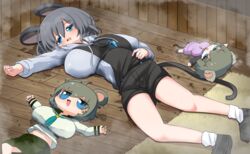  3girls animal_ears aome_rumiko black_footwear black_overalls blue_eyes blue_neckerchief blush breasts chibi commentary_request cookie_(touhou) crystal dress fake_nyon_(cookie) full_body grey_hair grey_hoodie hair_between_eyes highres hood hood_down hoodie jewelry large_breasts lets0020 long_sleeves lying medium_bangs mouse_ears mouse_girl mouse_tail multiple_girls multiple_persona nazrin neckerchief on_back on_floor open_mouth overalls pendant purple_dress sauna shoes short_hair socks sweat tail touhou white_socks 