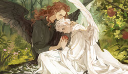  2024 amazing_background angel angel_humanoid apple aziraphale_(good_omens) black_clothing black_robe black_wings brown_hair clothing crowley_(good_omens) detailed detailed_background duo feathered_wings feathers food fruit good_omens grass hair hi_res hug humanoid leaf long_hair luminous_slime male male/male not_furry outside plant robe scenery short_hair water white_clothing white_hair white_robe white_wings winged_humanoid wings 