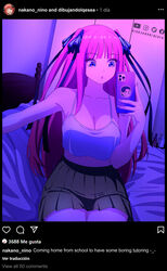  :o black_ribbon black_skirt blue_camisole blue_eyes breasts camisole cellphone character_name crop_top crop_top_overhang english_text facebook_logo female go-toubun_no_hanayome hair_ribbon highres holding holding_phone instagram instagram_logo long_hair looking_down medium_breasts nakano_nino on_bed open_mouth phone pink_hair pleated_skirt ribbon sitting skirt smartphone social_media_composition solo spanish_text twitter_logo vash_over very_long_hair youtube_logo 