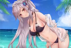  arms_behind_back azur_lane bent_over bikini black_bikini blue_sky blush breasts closed_mouth cloud collarbone commentary_request day dunkerque_(azur_lane) dunkerque_(summer_sucre)_(azur_lane) female grey_hair kon_(k0n16) light_smile long_hair looking_at_viewer maid_headdress medium_breasts navel ocean official_alternate_costume outdoors red_eyes sky solo sparkle standing sunlight swimsuit 