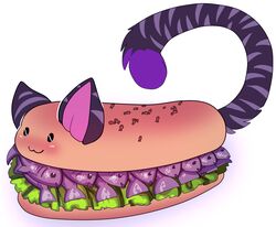  2017 :3 ambiguous_gender arh blush digital_media_(artwork) domestic_cat felid feline felis fish fluffy fluffy_tail food food_creature fur lettuce mammal marine plant purple_body purple_fur sandwich_(food) simple_background solo stripes submarine_sandwich suki-kitty tail vegetable white_background 