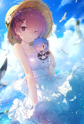  ;) animal bare_arms bare_shoulders bird black_ribbon blue_hair blue_sky blush breasts brown_hat character_doll closed_mouth cloud cloudy_sky collarbone commentary_request day doll dress female flower hair_ornament hair_over_one_eye hair_ribbon hairclip hat hat_flower highres holding holding_doll horizon linfi-muu md5_mismatch motion_blur ocean one_eye_closed outdoors pink_hair ram_(re:zero) re:zero_kara_hajimeru_isekai_seikatsu red_eyes rem_(re:zero) ribbon seagull short_hair sky sleeveless sleeveless_dress small_breasts smile solo straw_hat sundress water white_dress white_flower x_hair_ornament 