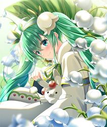  ahoge animal bangs banned_artist blue_eyes blurry blurry_background blurry_foreground blush bunny closed_mouth commentary_request depth_of_field dress eyebrows_visible_through_hair female fingernails flower green_hair green_nails green_ribbons hair_between_eyes hair_flower hair_ornament hair_ribbon hatsune_miku long_hair long_sleeves nail_polish ribbon smile snowbell_(flower) snowdrop_(flower) twintails very_long_hair vocaloid white_dress white_flower wide_sleeves yuki_miku yuki_miku_(2015) yukine_(vocaloid) yuuka_nonoko 