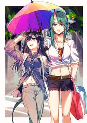  2girls absurdres alternate_costume alternate_hairstyle arknights blue_hair casual ch&#039;en_(arknights) chinese_commentary commentary_request dark_blue_hair dragon_horns green_eyes green_hair hair_up highres horns hoshiguma_(arknights) jewelry looking_at_another looking_to_the_side midriff multiple_girls necklace pants red_eyes short_shorts shorts skin-covered_horns sunglasses umbrella yumuto_(spring1786) 