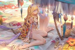  2girls angelia_carlos anklet bare_legs barefoot basket beach beach_umbrella bikini blanket blindfold blonde_hair breasts cleavage commentary_request day flower highres jewelry jofang leaf long_hair maple_leaf medium_breasts multiple_girls official_art one-piece_swimsuit open_mouth sandals sdorica sione_aldric sitting soles swimsuit sword toes umbrella unworn_sandals water watermark wavy_hair weapon white_one-piece_swimsuit yokozuwari 