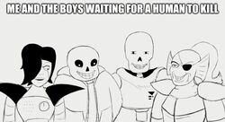  animated_skeleton armor bangs bone clothing english_text eye_patch eyewear fish group humanoid humor impact_(font) jeffthehusky machine marine me_and_the_boys meme mettaton monochrome papyrus_(undertale) robot sans_(undertale) skeleton smile sweater text topwear undead undertale undertale_(series) undyne 