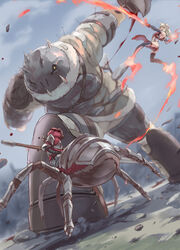  1boy 2girls arachne_boy armor arrow_(projectile) arrow_in_body arthropod_boy battle commentary_request day fire giant giantess grey_sky hachikyaku_rozunieru helmet highres horns iwaya krushu_cornou lance multiple_girls outdoors photoshop_(medium) pixiv_fantasia pixiv_fantasia_last_saga polearm sky spider_boy taur ulferica_(pixiv_fantasia_last_saga) weapon yellow_eyes 