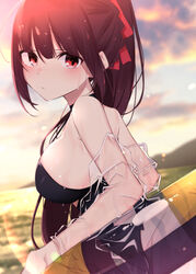  bare_shoulders black_choker black_one-piece_swimsuit blurry blurry_background blush breasts choker cloud cloudy_sky commentary_request depth_of_field female from_side frown girls&#039;_frontline hair_ornament ichiki_1 innertube jacket large_breasts long_hair looking_at_viewer looking_to_the_side official_alternate_costume one-piece_swimsuit outdoors ponytail purple_hair red_eyes see-through see-through_jacket sidelocks sky solo sunset swim_ring swimsuit swimsuit_under_clothes upper_body wa2000_(girls&#039;_frontline) wa2000_(op._manta_ray)_(girls&#039;_frontline) 