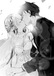  1boy armlet breasts bridal_veil choker cleavage closed_eyes collarbone couple dale_lecky dress female flower greyscale hair_between_eyes hair_flower hair_ornament head_wreath highres holding_hands husband_and_wife jacket kei_(k_tmr) kissing latina_(uchi_no_musume_no_tame_naraba) lens_flare long_sleeves medium_breasts monochrome non-web_source novel_illustration official_art sleeveless straight strapless strapless_dress uchi_no_musume_no_tame_naraba_ore_wa_moshikashitara_maou_mo_taoseru_kamo_shirenai. veil wedding_dress 