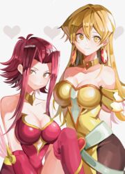  2girls alternate_costume apple_magician_girl apple_magician_girl_(cosplay) bad_id bad_pixiv_id blonde_hair breasts cleavage commentary cosplay izayoi_aki jewelry joman lemon_magician_girl lemon_magician_girl_(cosplay) medium_breasts multiple_girls pantyhose pink_eyes smile symbol-only_commentary tenjouin_asuka yellow_eyes yu-gi-oh! yu-gi-oh!_5d&#039;s yu-gi-oh!_gx 