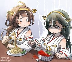  2girls ahoge aoba_(akibajun) black_hair blush bowl breasts brown_hair collarbone commentary_request dated detached_sleeves double_bun failure food fork hair_bun hair_ornament hairband hairclip haruna_(kancolle) highres holding holding_fork japanese_clothes kantai_collection kongou_(kancolle) long_hair multiple_girls nontraditional_miko noodles open_mouth plate ribbon ribbon-trimmed_sleeves ribbon_trim shaded_face sitting spice spill sweat table truth twitter_username wide_sleeves 