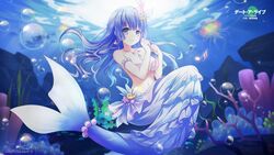  bikini bikini_top_only breast_hold breasts cleavage date_a_live date_a_live:_spirit_pledge female full_body highres izayoi_miku long_hair md5_mismatch mermaid monster_girl purple_eyes shell shell_bikini solo swimsuit tail tsunako underwater 